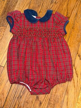 Antoinette Paris red tartan Plaid Smocked Baby Romper bubble 3 months